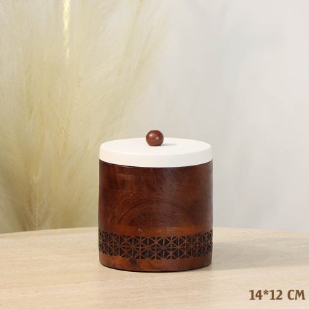 مضيفه سكاكر 14*12سم خشب مدور 72622-A محفر غطا تنك بيج %ه13