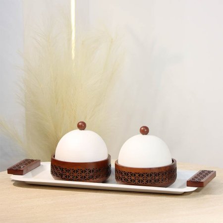 طقم3/ صينيه مستطيل تنك بيج + 2مضايف مدور خشب محفر 72617-B غطا قبة تنك بيج %ه13