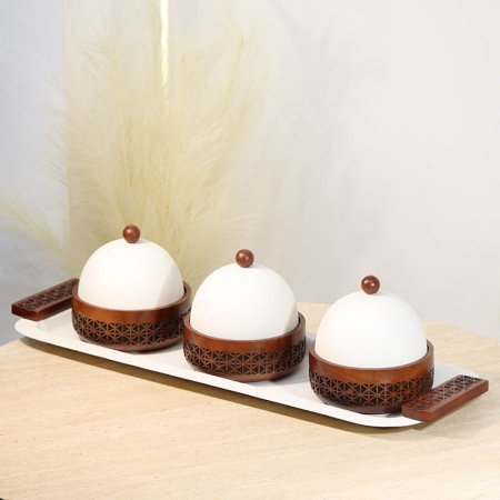 طقم4/ صينيه مستطيل تنك بيج + 3مضابف مدور خشب محفر 72618-B غطا قبة تنك بيج %ه13