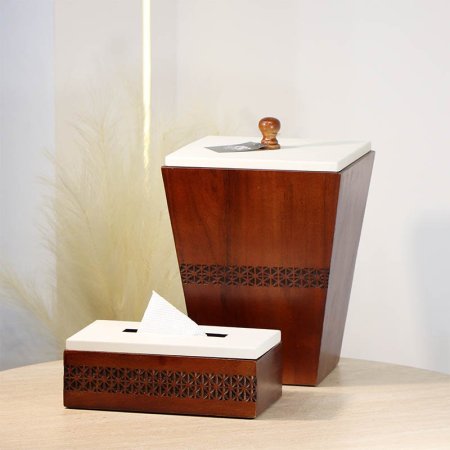 طقم 2/ سطل + بكيت محارم خشب محفر 72613/4205 غطا تنك بيج %ه13