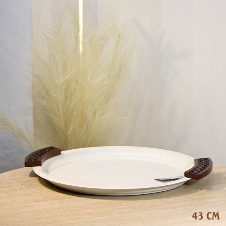 صينيه مدور 43 سم تنك بيج 74453-B يدين خشب %ه13