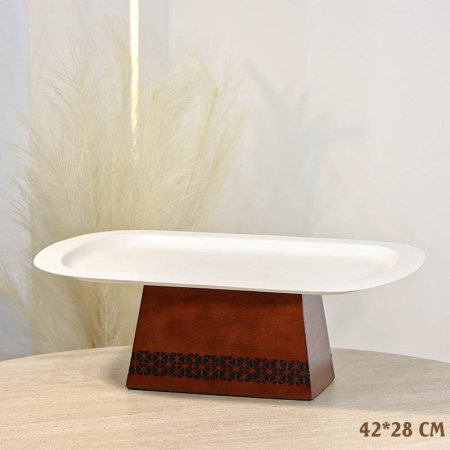 مضيفه مستطيل 42*28سم تنك بيج 74444-A قاعدة خشب محفر %ه13