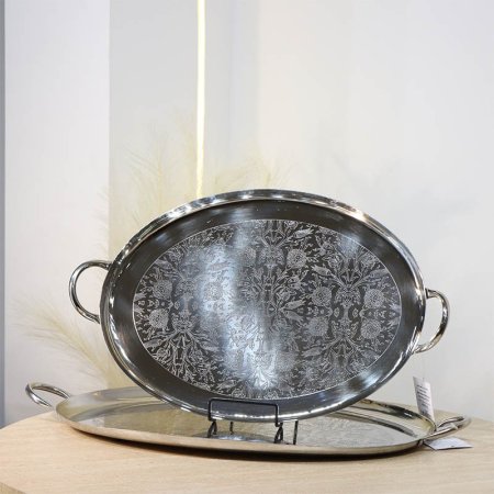 طقم صواني /2 بيضاوي 50*57 سم وجه مرسم ورد 72406/07 ستانلس  فضي %ه13