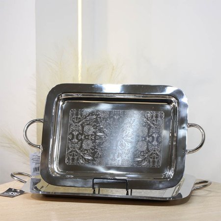 طقم صواني /2 بيضاوي 52*47 سم وجه مرسم ورد 4039/43 ستانلس فضي %ه13