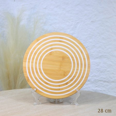 كوستر خشب بامبو مدور 28سم محزز دوائر ابيض A153/4 =ع2
