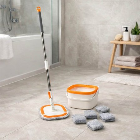 سطل ممسحة بلاستك مربع ابيض وبرتقالي + 5 وجوه A153/8 =ع2