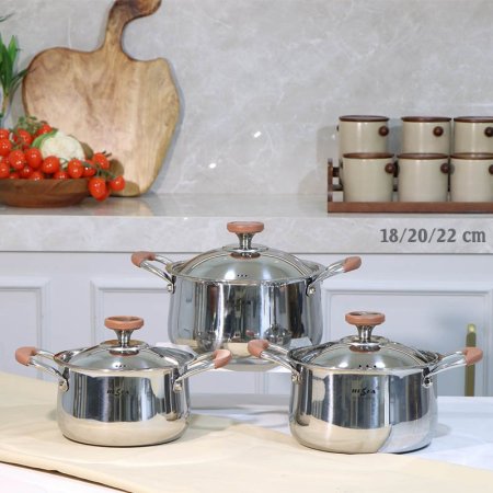 طقم/6 3طناجر 18/20/22سم ستانلس ستيل يد خشب + 3 غطا A38/15 =ع2