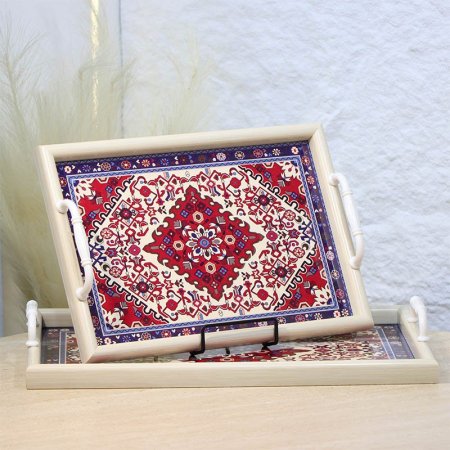 طقم صواني/2 بلاستك مستطيل احجام بيج وجه مرسم مزخرف A124/1 =ع5