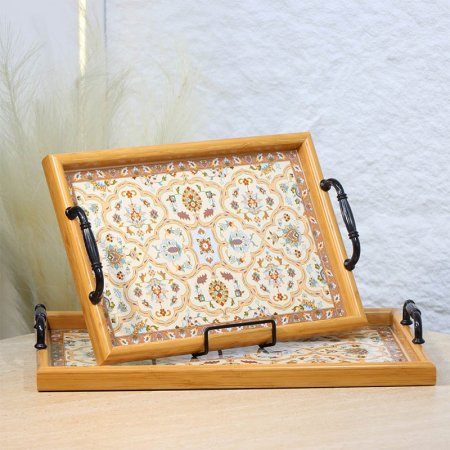 طقم صواني/2 بلاستك مستطيل احجام خشبي وجه مزخرف بيج وبني A124/5 =ع5