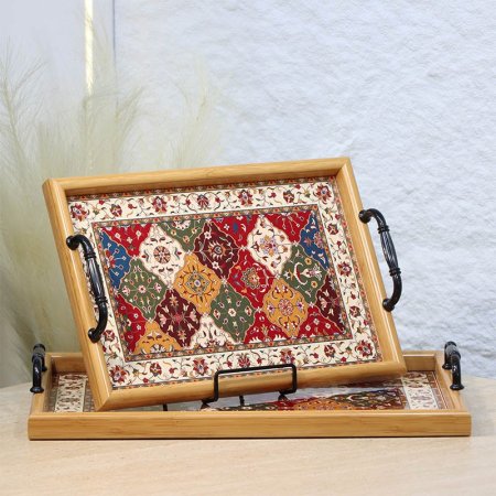 طقم صواني/2 بلاستك مستطيل احجام خشبي وجه مزخرف ملون A124/6 =ع5