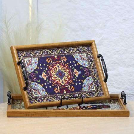 طقم صواني/2 بلاستك مستطيل احجام خشبي وجه مزخرف الوان غامقة A124/7 =ع5