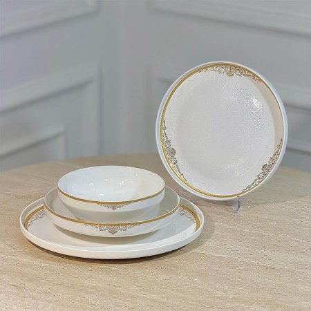 طقم صحون سفرة/24 بورسلان ابيض لميع اطار ذهبي مرسم YSC09++ع4