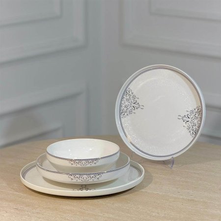 طقم صحون سفرة/24 بورسلان ابيض لميع اطار فضي مرسم YSC12++ع4