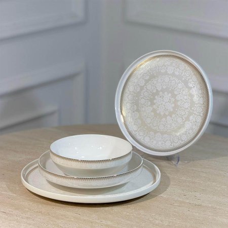 طقم صحون سفرة/24 بورسلان ابيض لميع اطار بيج مرسم YSC15++ع4