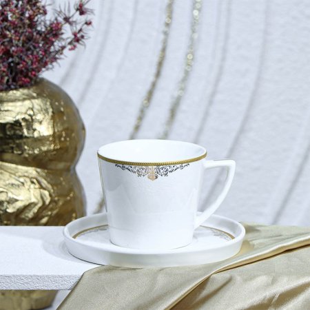 طقم ماغ شاي 6/6 بورسلان لميع ابيض 240CC اطار مرسم ذهبي YSC10++ع4