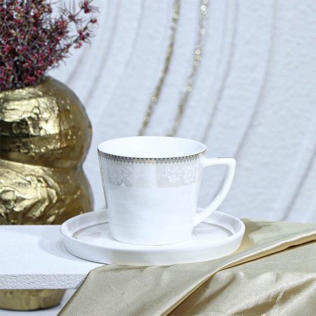 طقم ماغ شاي 6/6 بورسلان لميع ابيض 240CC اطار مرسم بيج YSC16++ع4