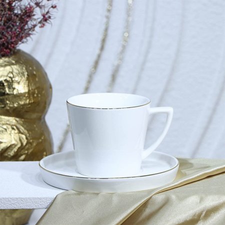 طقم ماغ شاي 6/6 بورسلان لميع ابيض سادة 240CC حيف ذهبي YSC19++ع4