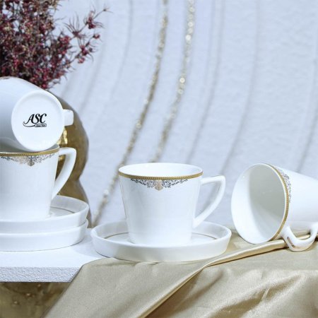 طقم فناجين قهوة 12/12 بورسلان لميع ابيض 90CC اطار مرسم ذهبي YSC11++ع4