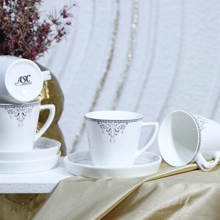 طقم فناجين قهوة 12/12 بورسلان لميع ابيض 90CC اطار مرسم فضي YSC14++ع4