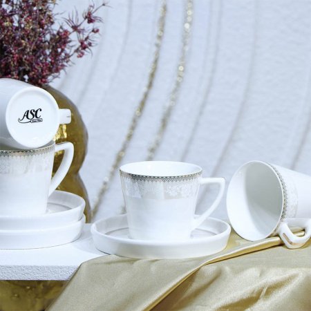 طقم فناجين قهوة 12/12 بورسلان لميع ابيض 90CC اطار مرسم بيج YSC17++ع4