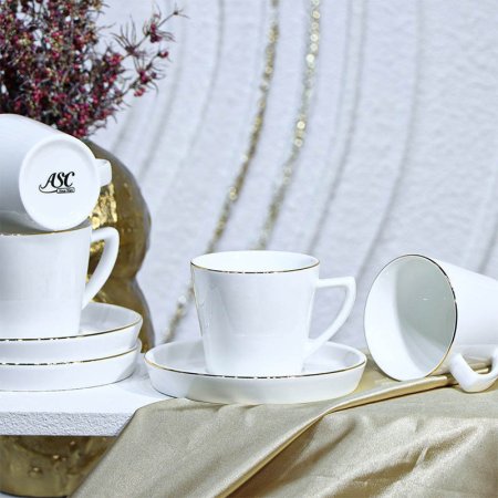 طقم فناجين قهوة 12/12 بورسلان لميع ابيض 90CC سادة حيف ذهبي YSC20++ع4