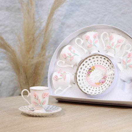 طقم فناجين قهوة 6/6 بورسلان ابيض بكلة وردة علبة قوس A34/4 =ع1