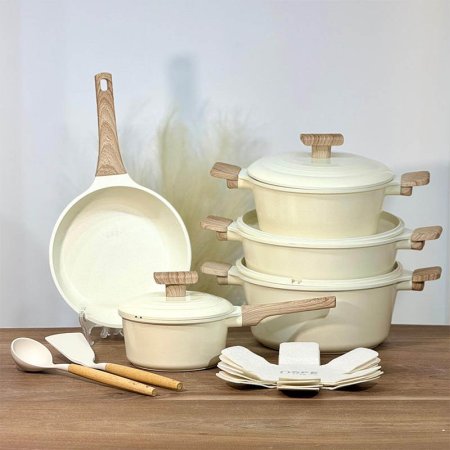 طقم طناجر/15 جرانيت 20/24/28/32 سم+ مقلى28سم+2 كفكيرة و4كوستر A7/3 بيج=WW