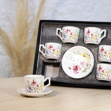 طقم فناجين قهوة 6/6 بورسلان ابيض ورد ملون ع.ك اسود A43/1 =ع1