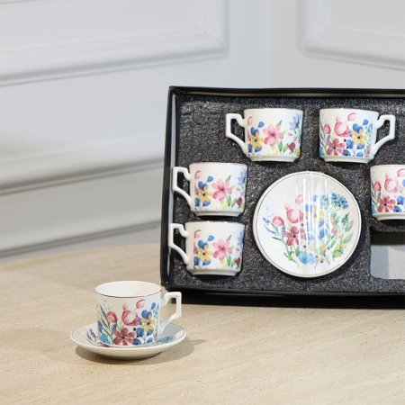 طقم فناجين قهوة 6/6 بورسلان ابيض ورد ملون ع.ك اسود A43/2 =ع1