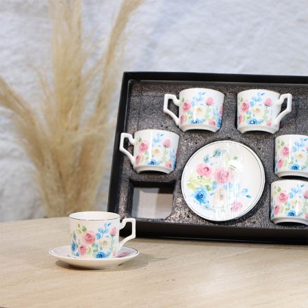 طقم فناجين قهوة 6/6 بورسلان ابيض ورد ملون ع.ك اسود A43/3 =ع1