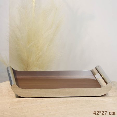 صينية ستانلس فضي 27*42سم مستطيل وجه خشب A220/1 =ع5