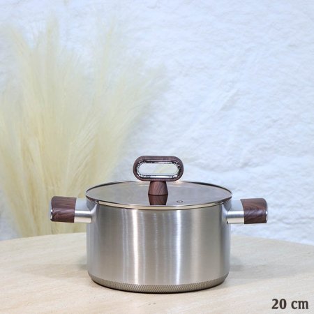 طنجرة ستانلس 20سم وجه تيتانيوم غطا زجاج عسلي يد مقبض خشبي A73/1 =ع3