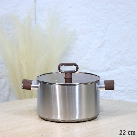 طنجرة ستانلس 22سم وجه تيتانيوم غطا زجاج عسلي يد مقبض خشبي A73/2 =ع3