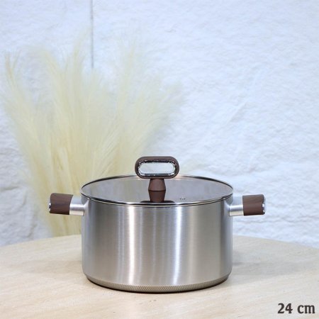 طنجرة ستانلس 24سم وجه تيتانيوم غطا زجاج عسلي يد مقبض خشبي A73/3 =ع3