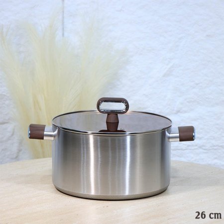 طنجرة ستانلس 26سم وجه تيتانيوم غطا زجاج عسلي يد مقبض خشبي A73/4 =ع3