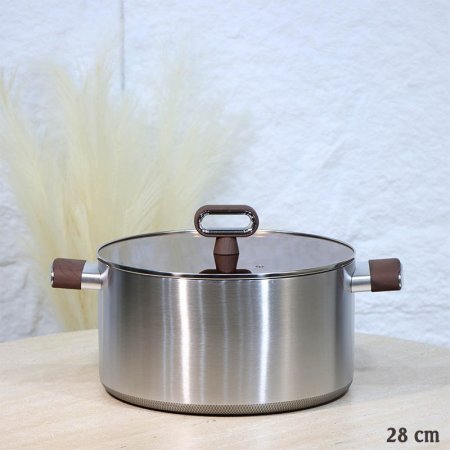 طنجرة ستانلس 28سم وجه تيتانيوم غطا زجاج عسلي يد مقبض خشبي A73/5 =ع3