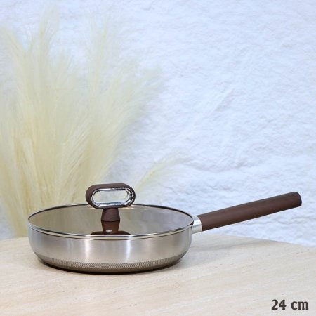 مقلى ستانلس 24سم وجه تيتانيوم غطا زجاج عسلي يد طويل خشبي A73/7 =ع3