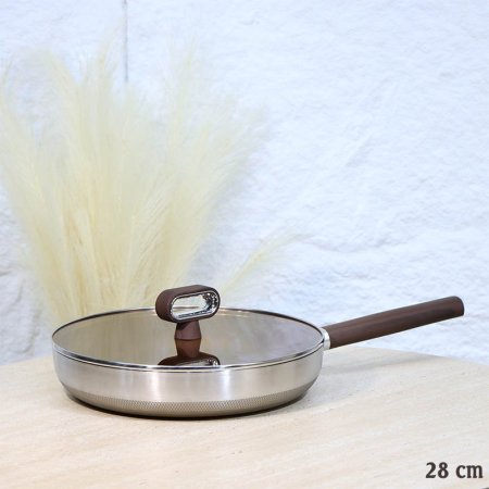 مقلى ستانلس 28سم وجه تيتانيوم غطا زجاج عسلي يد طويل خشبي A73/8 =ع3