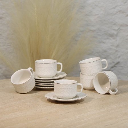 طقم فناجين قهوة 6/6 بورسلان ابيض مبزر حيف ذهبي A29/1 =ع4