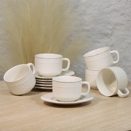 طقم فناجين شاي 6/6 بورسلان ابيض مبزر حيف ذهبي A29/2 =ع4