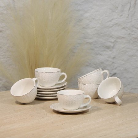 طقم فناجين قهوة 6/6 بورسلان ابيض محزز مبزر حيف ذهبي A29/3 =ع4