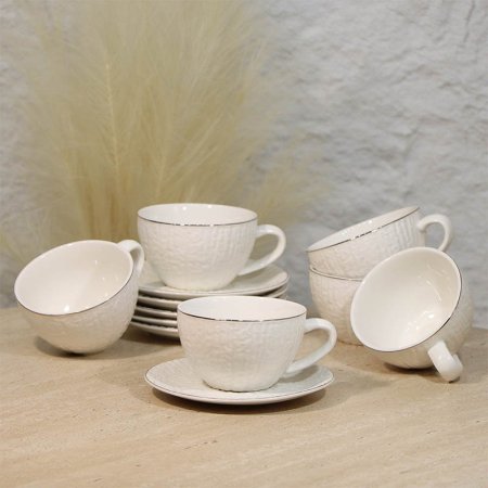 طقم فناجين شاي 6/6 بورسلان ابيض مبزر محزز حيف ذهبي A29/4 =ع4