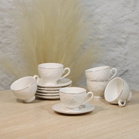 طقم فناجين قهوة 6/6 بورسلان ابيض مورد حيف ذهبي بقاعدة A29/5 =ع4
