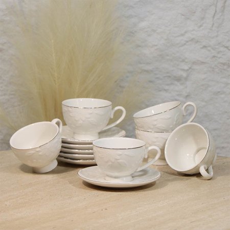طقم فناجين شاي 6/6 بورسلان ابيض مورد حيف ذهبي A29/6 =ع4