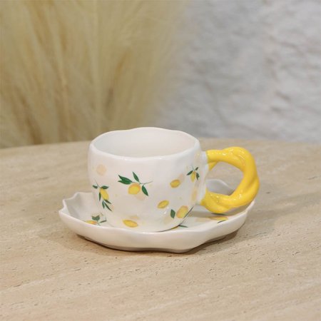 ماغ بورسلان ابيض لميع مرسم ليمون مع صحن ع.كرتون A221/9 =ع4