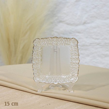 صحن مكسرات 15سم مربع زجاج شفاف ت.6 اطار معرج وجه مبزر اطار ذهبي A25/8 =ع1