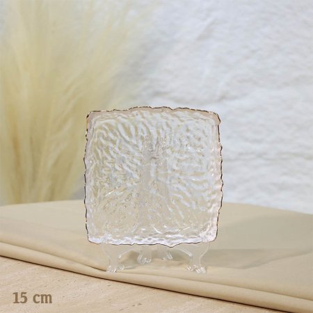 صحن مكسرات 15سم مربع زجاج شفاف اطار معرج وجه مموج اطار ذهبي A25/9 =ع1