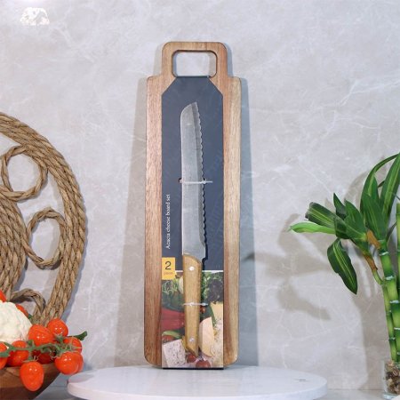 طقم/2 سكينة ستانلس 32سم يد خشب + لوح خشب مستطيل A74/6 =ع3