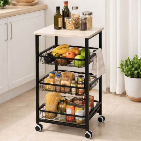 سلة خضار حديد اسود وجه خشب ابيض 3طبقة A45/1 بعجلات=WW