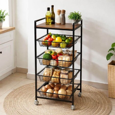 سلة خضار حديد اسود وجه خشب بني 4طبقة A45/2 بعجلات=WW